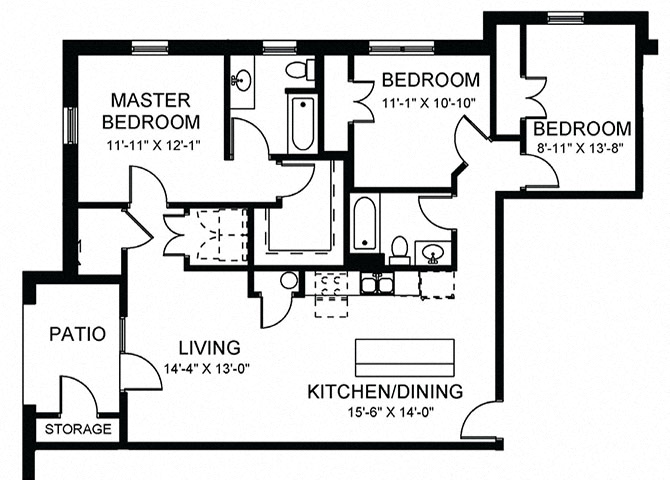Floor plan for 3 beds, 2 baths, 1280 sqft